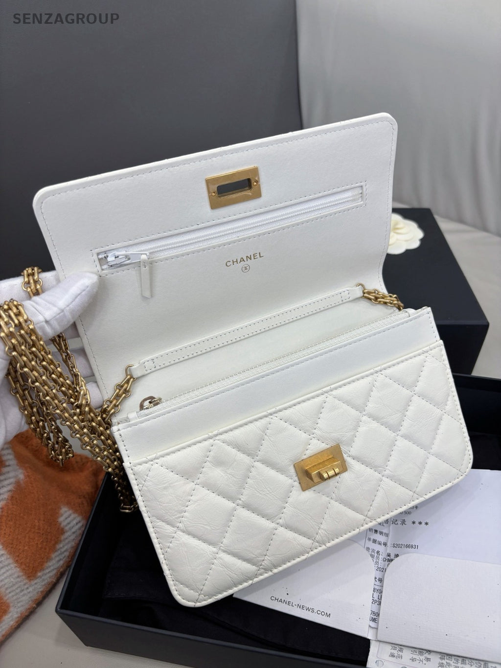 CHANEL 2.55 Woc Calfskin Chain Shoulder bag Crossbody White Gold Women
