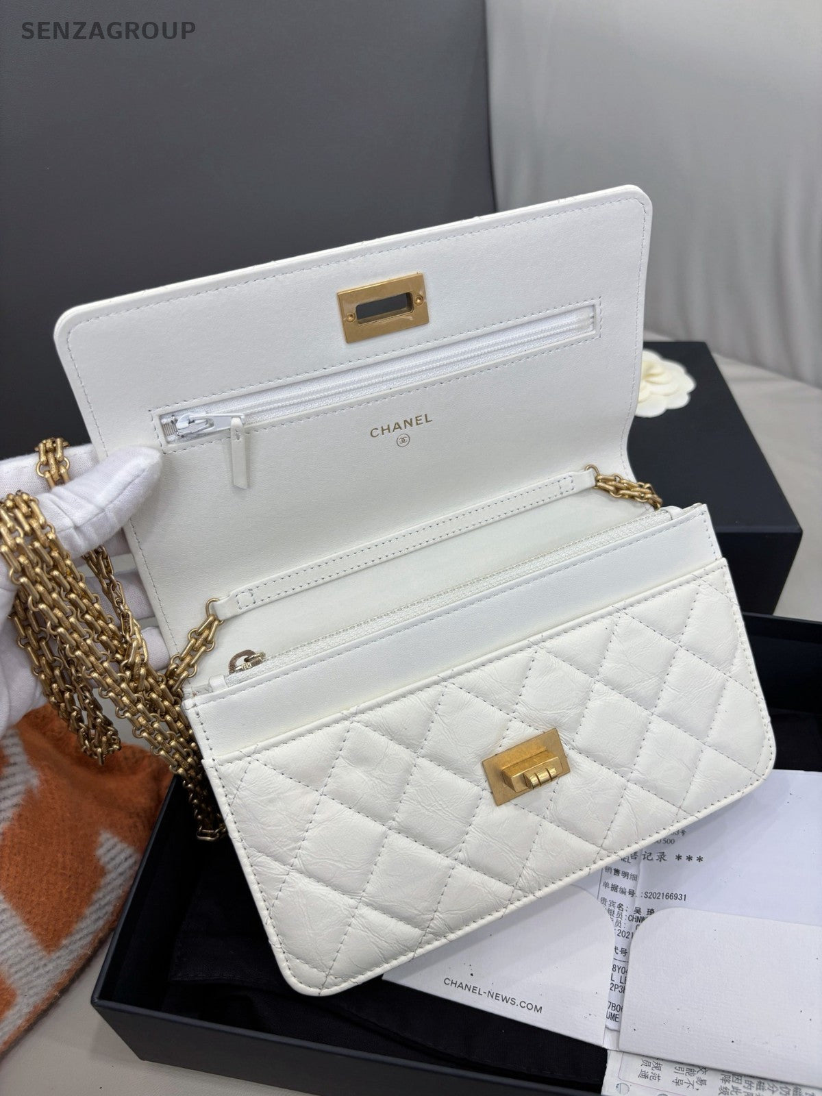 CHANEL 2.55 Woc Calfskin Chain Shoulder bag Crossbody White Gold Women