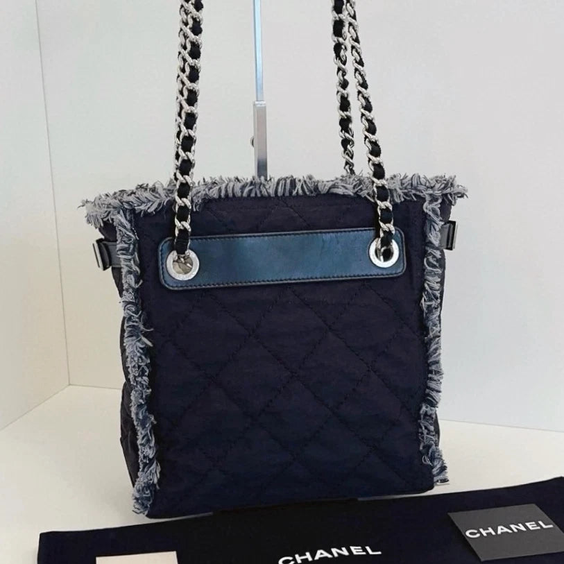 Chanel Deauville PM Chain Shoulder Bag Black Silver Women Classic