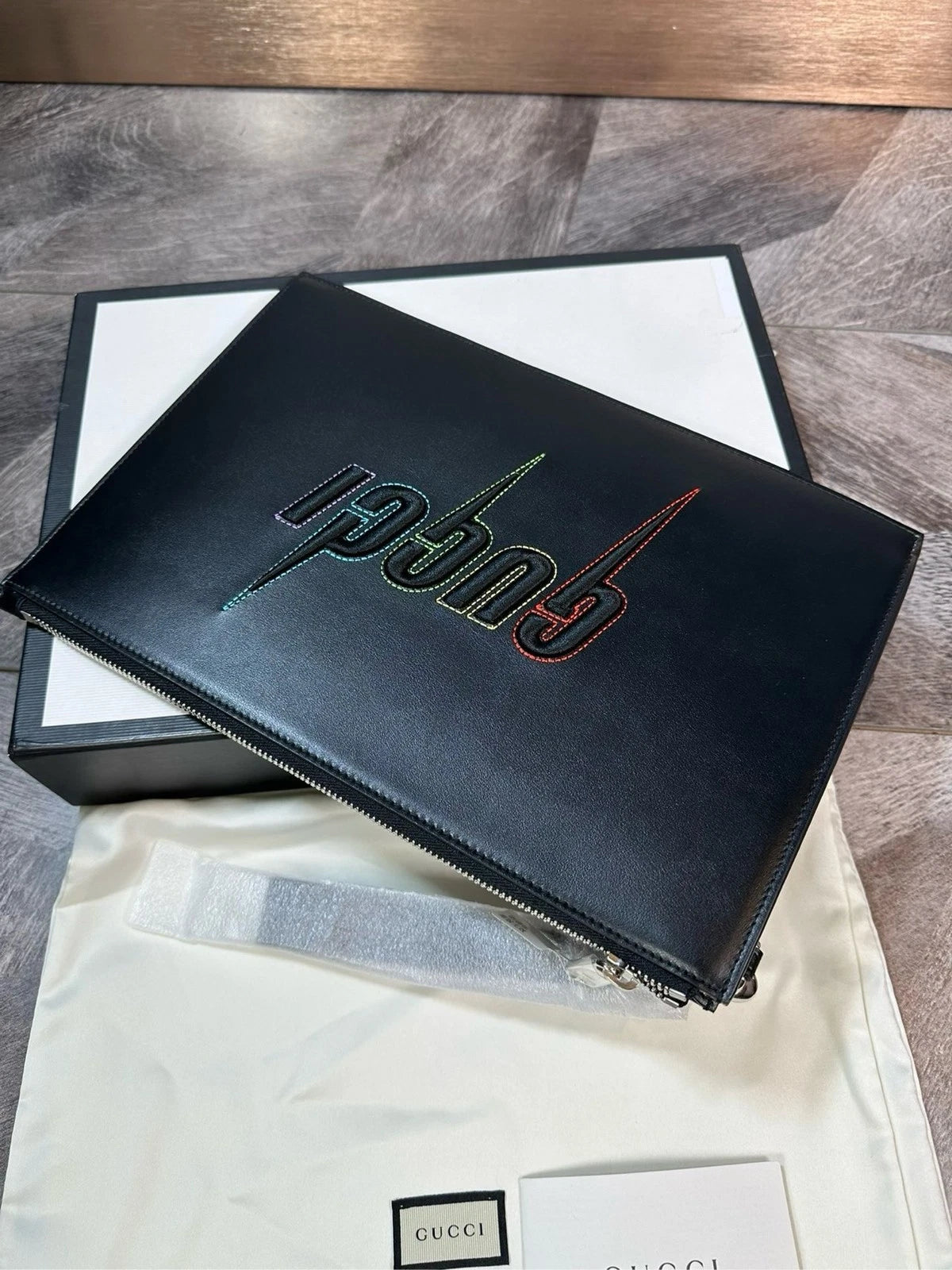 GUCCI Colorful Logo Embroidered Full Leather Clutch Bag Women