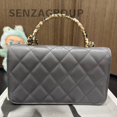 Chanel WOC Quilted Chain Shoulder Crossbody Bag Grey Gold