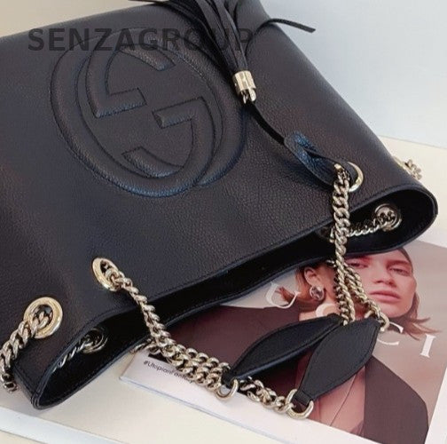 GUCCI Soho Tote Calfskin Leather Chain Shouder Bag Black White Women Classic