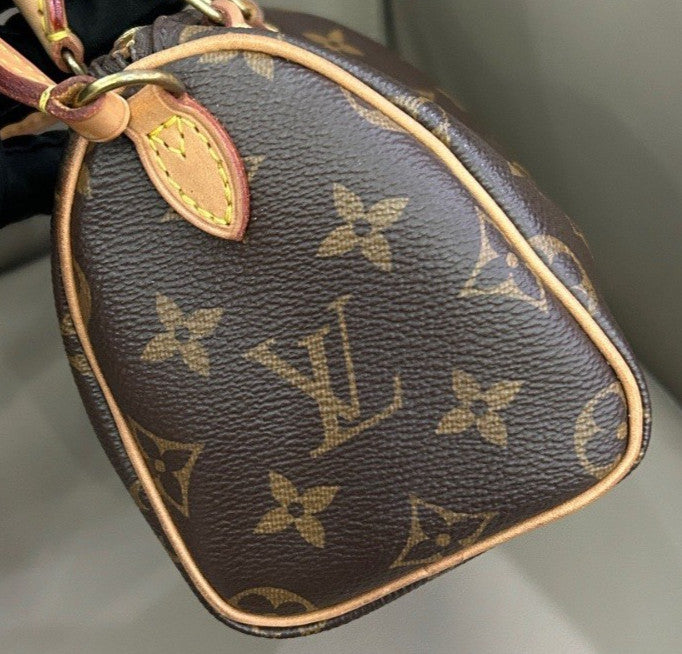 Louis Vuitton Speedy Nano Monogram Shoulder Bag Crossbody Brown Gold Used Women