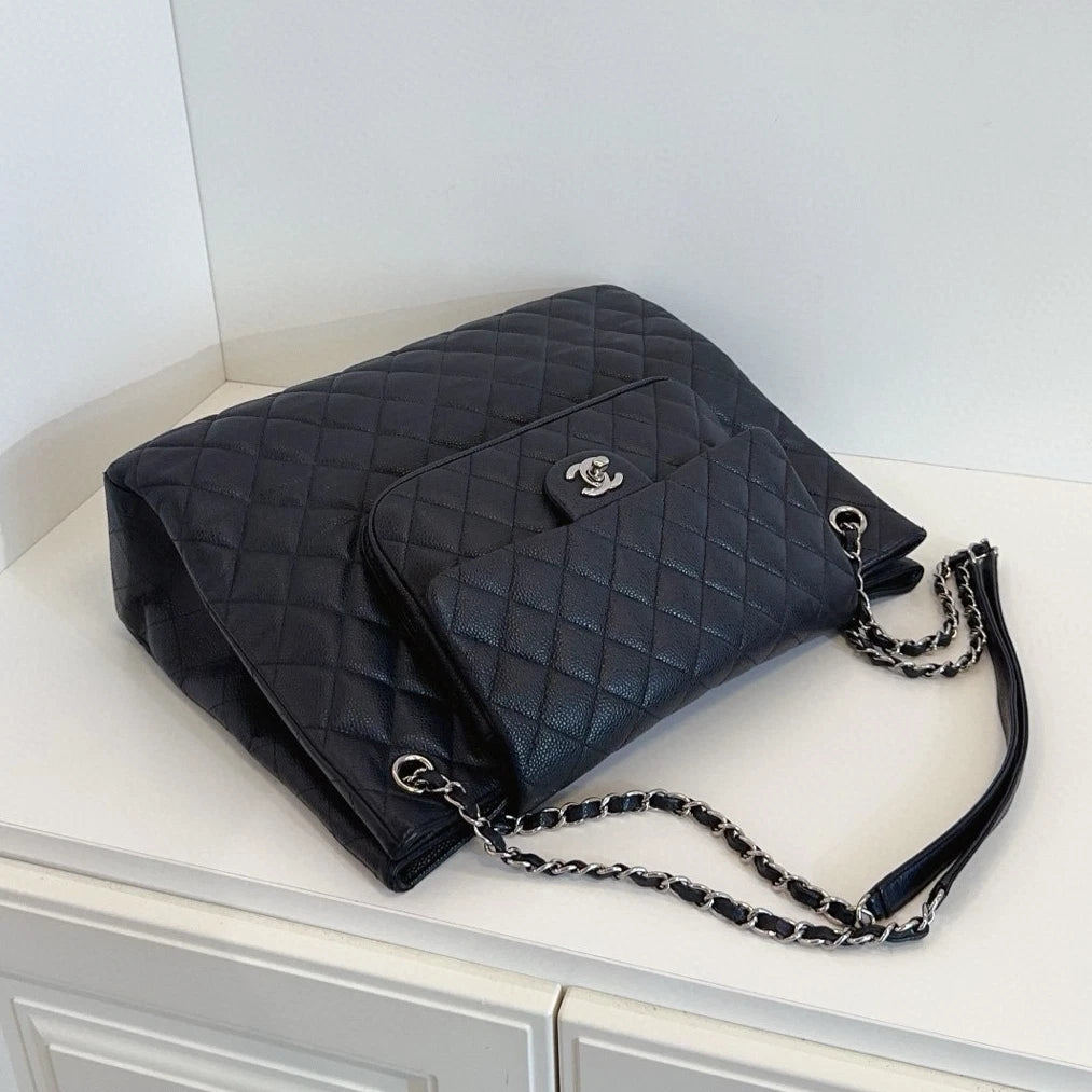 Chanel Calfskin Tote Chain Shoulder Bag Black Silver Diamond Women Classic
