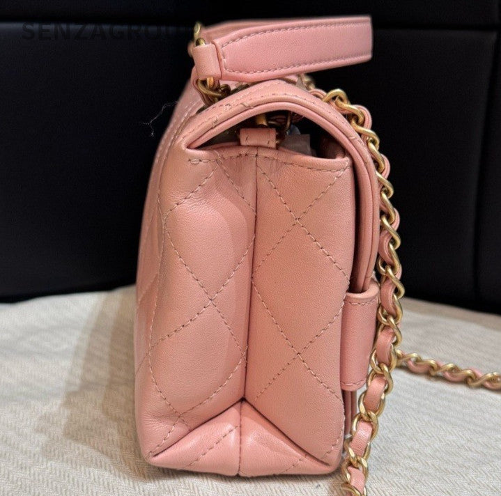 Chanel Calfskin Diamond Chain Shoulder Bag Crossbody Pink Gold Women Classic