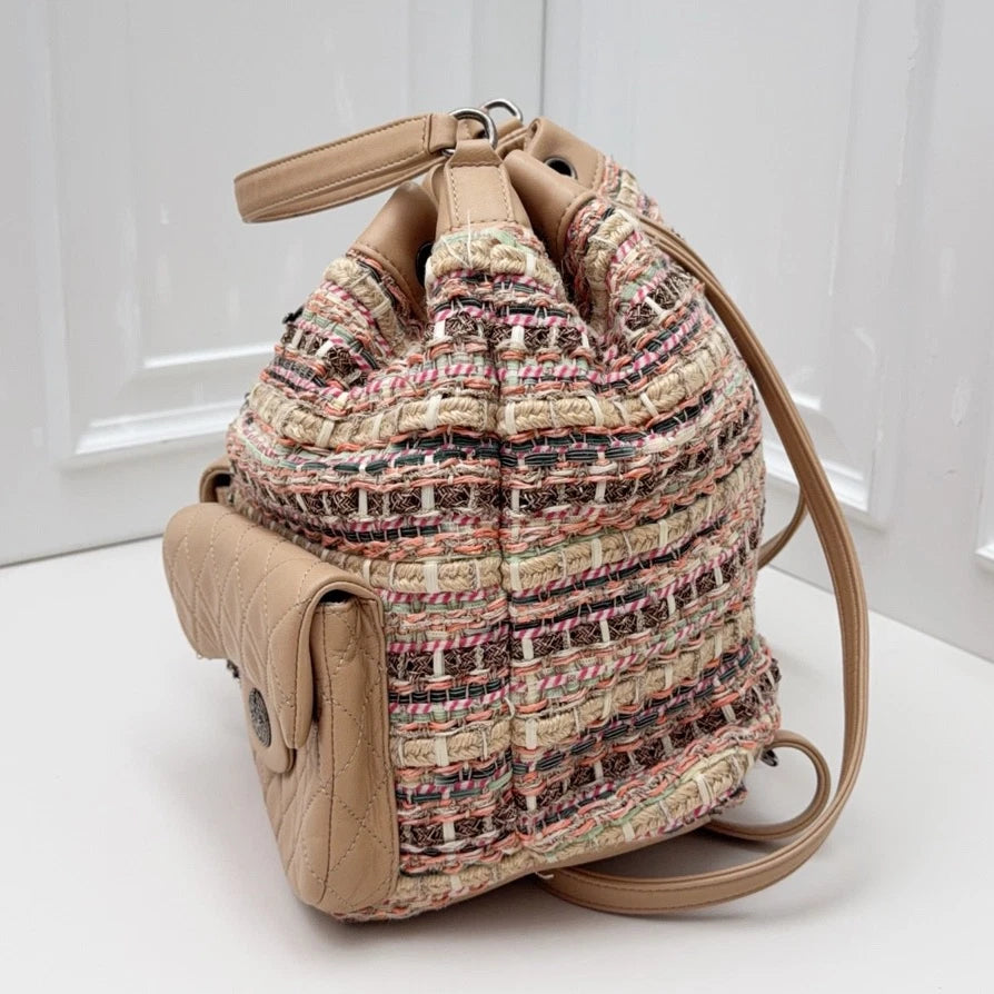 Chanel Tweed Knitting Drawstring Bucket Backpack Handbag Pink Silver Hardware