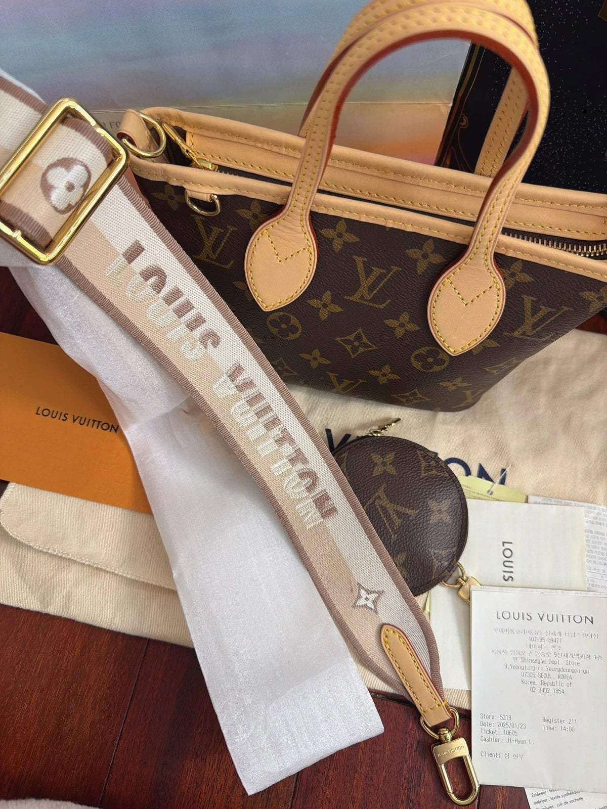 Excellent Louis Vuitton Neverfull BB Monogram Beige Strap Handbag Crossbody