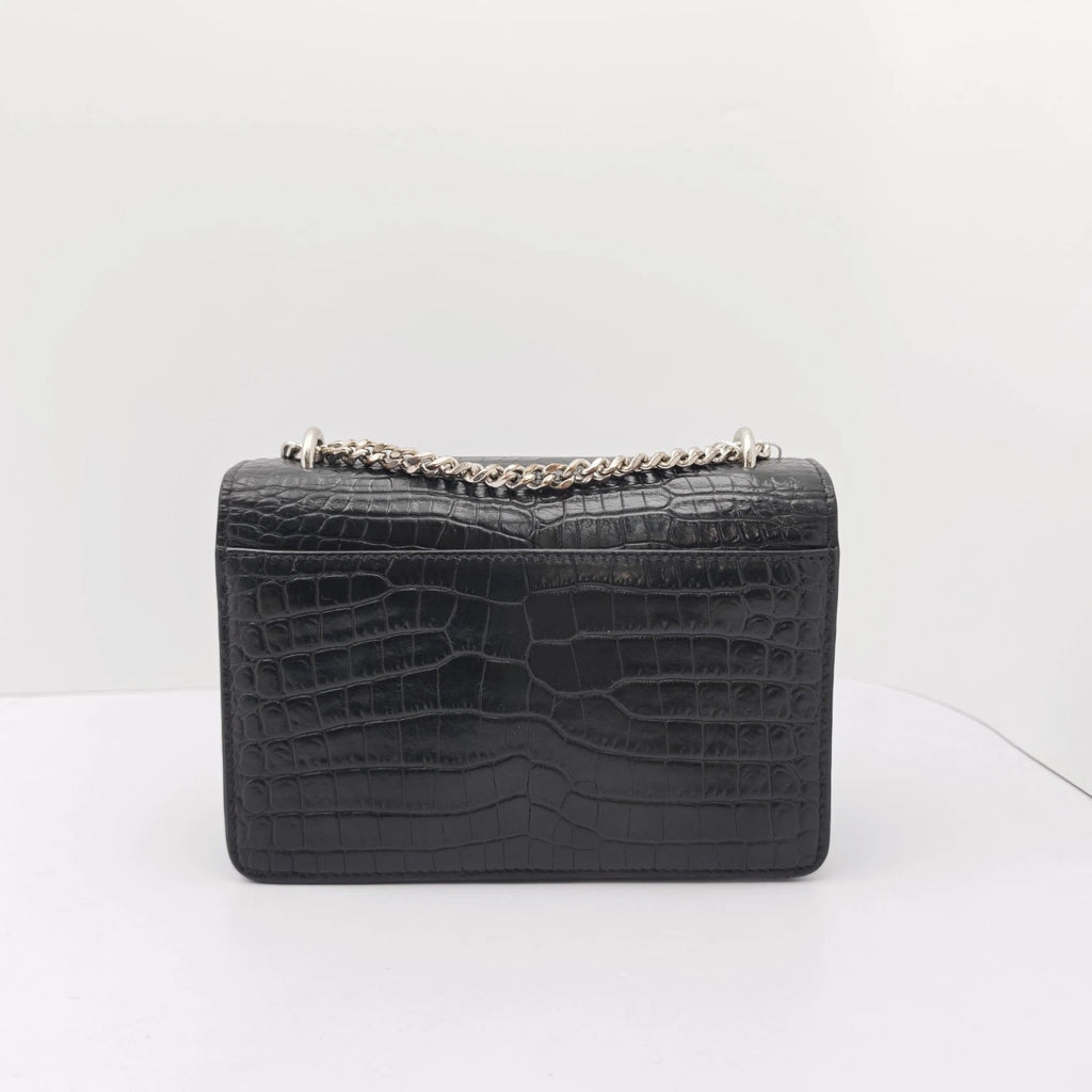 YSL Black Crocodile Embossed Mini Shoulder Crossbody Bag For Women