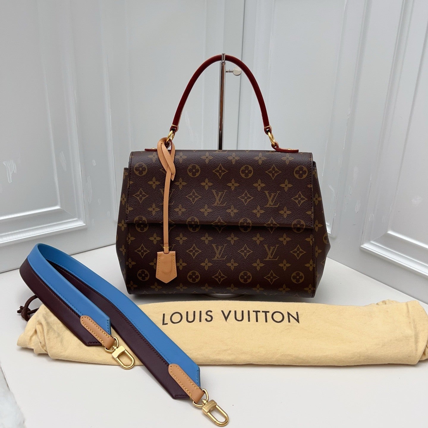 Louis Vuitton Cluny BB Monogram Top Handle Crossbody Brown Gold Women Classic