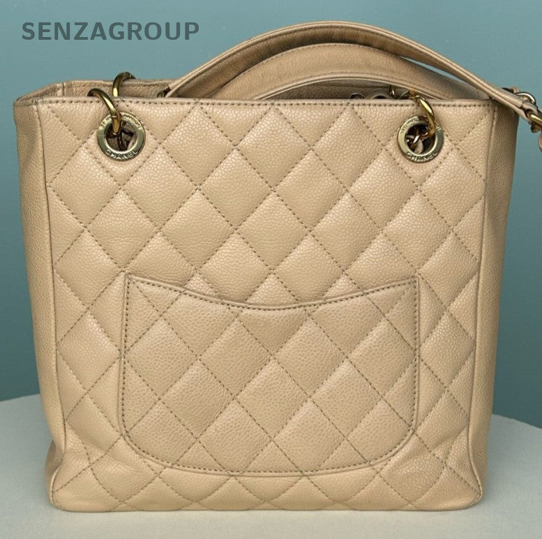 Chanel PST Chain Calfskin Diamond Shoulder Bag Beige Gold Women Classic
