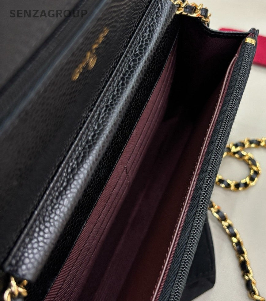 Chanel WOC Calfskin Chain Shoulder Bag Crossbody Black Gold Women Classic