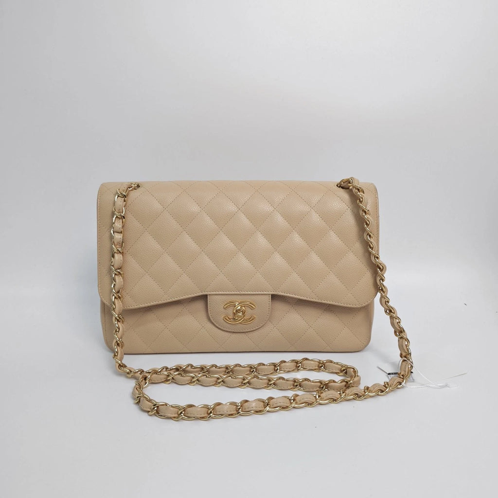 CHANEL Beige Leather CF Jumbo Shoulder Bag For Women