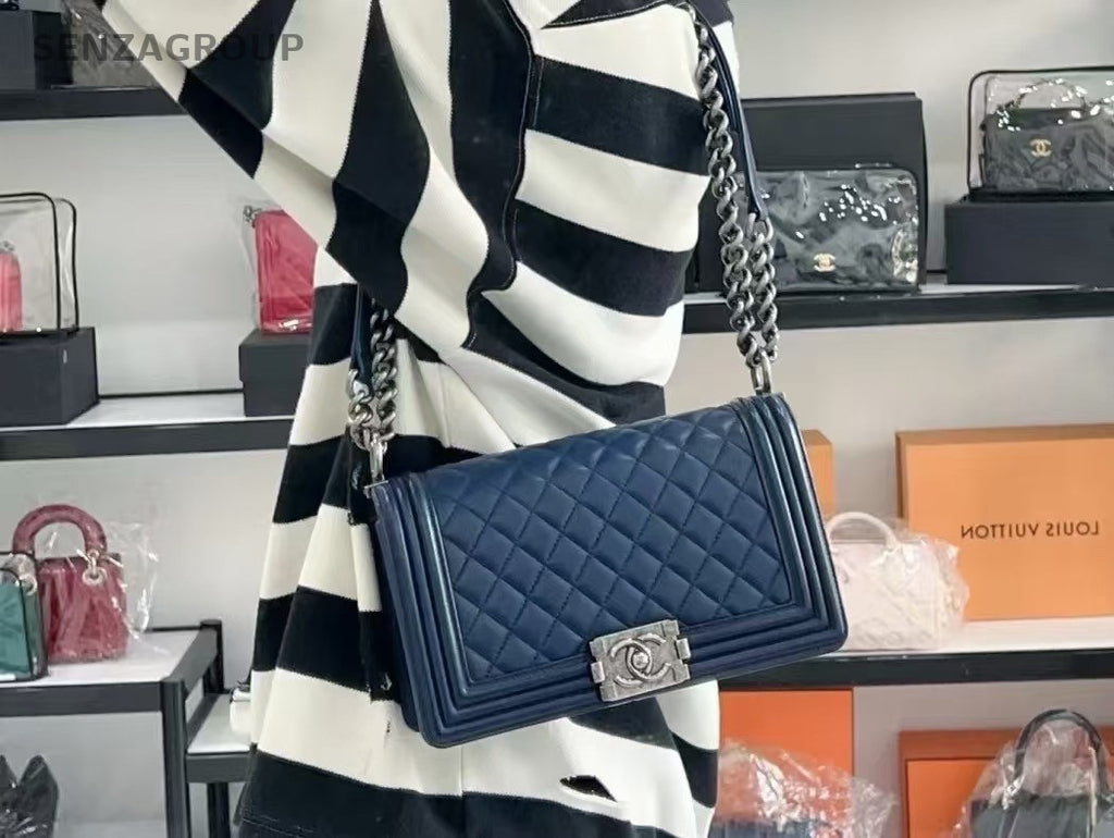 CHANEL Leboy MM Navy Blue Calfskin Chain Shoulder bag Women