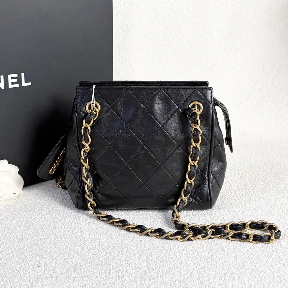 Chanel Calfskin Chain Shoulder Bag Black Gold Diamond Women Classic Vintage