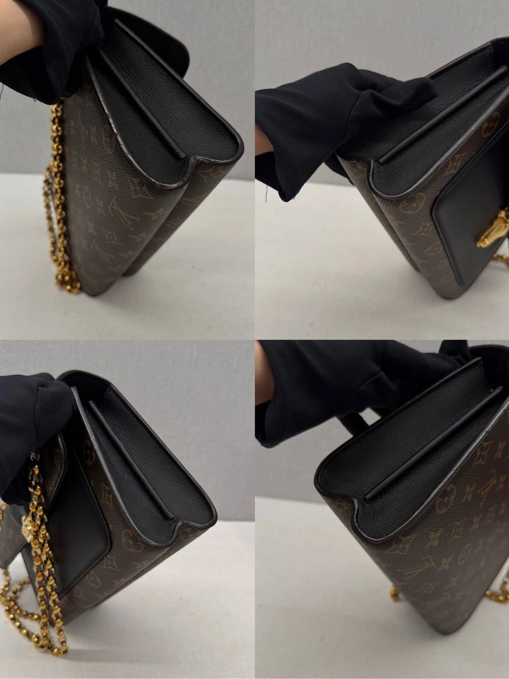 Louis Vuitton Victoire Monogram Canvas Black Calfskin Gold Chain Shoulder Bag