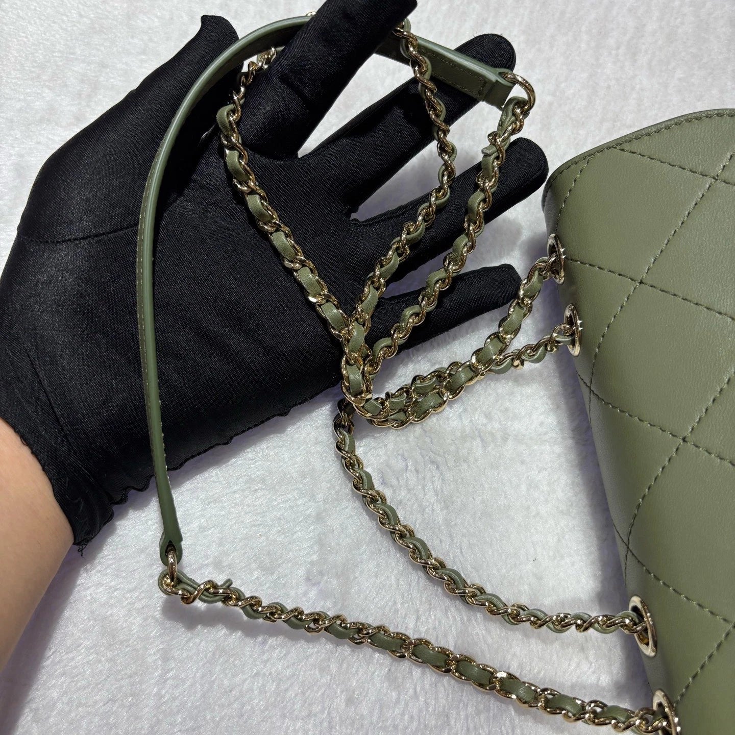 Chanel Diamond Chain Shoulder Crossbody Green Gold Women Classic
