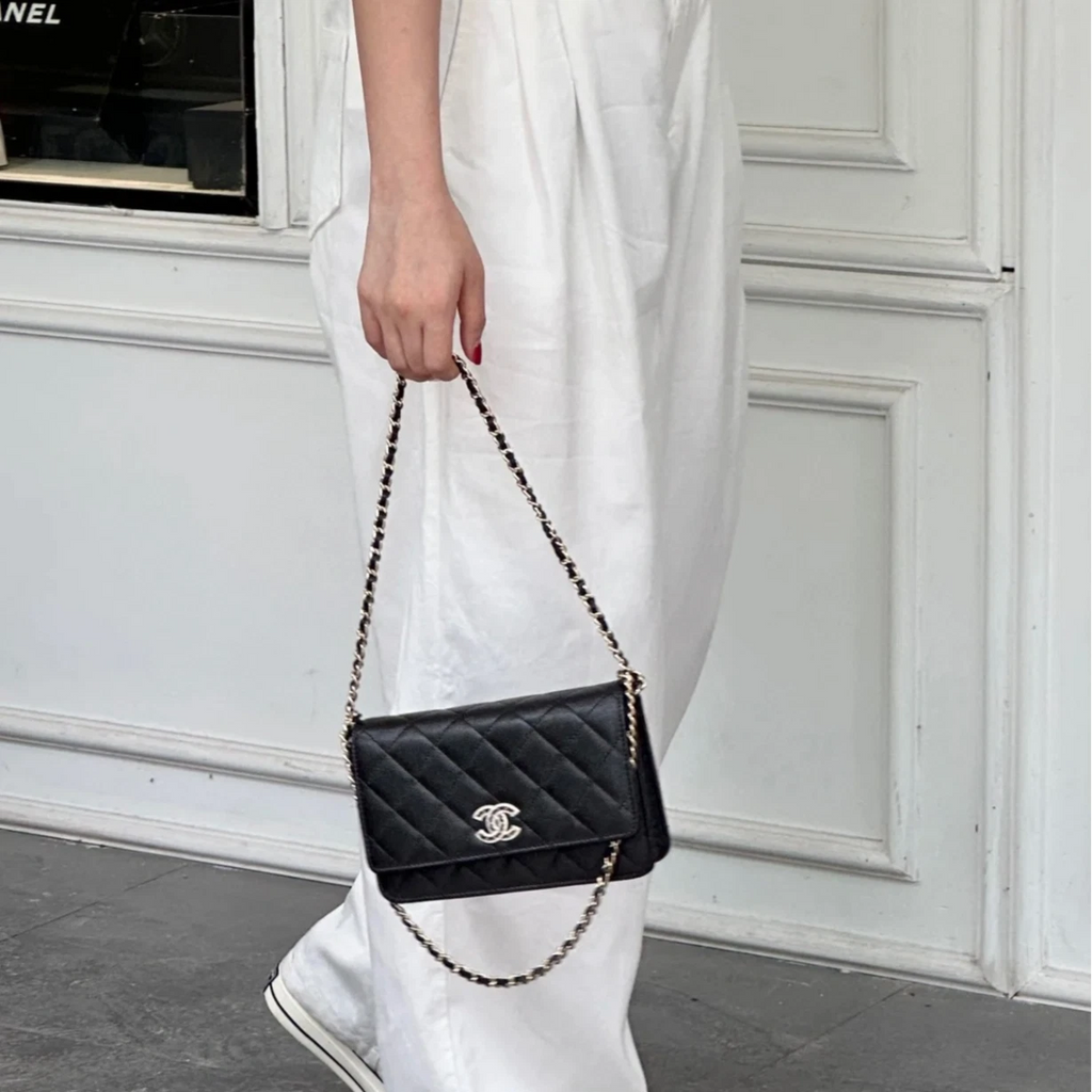 Chanel WOC Diamond Chain Top Handle Shoulder Bag Black Silver Women Classic