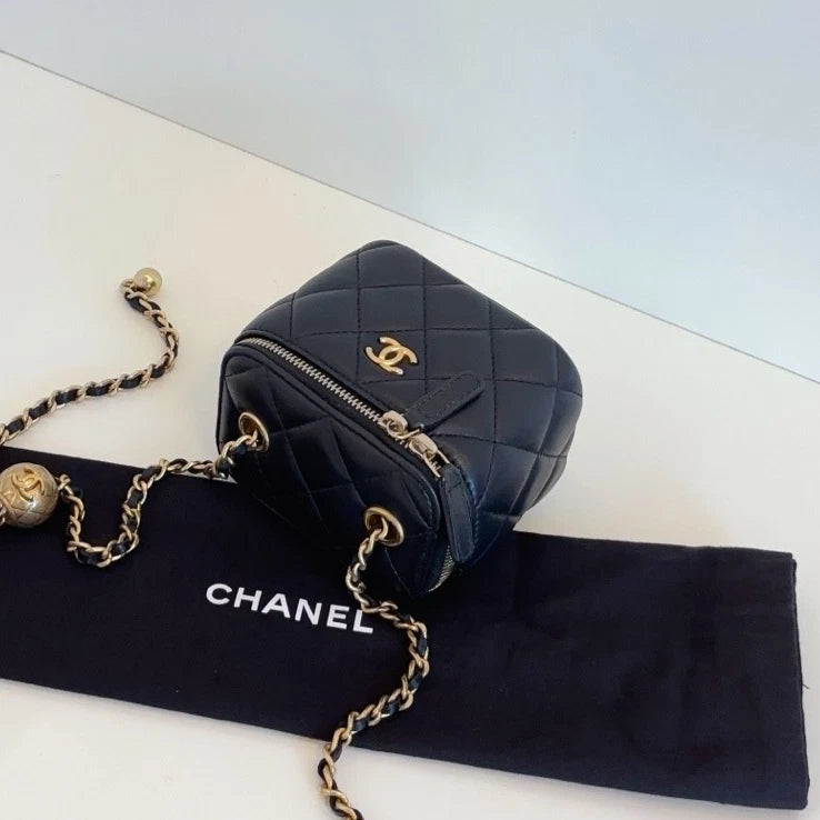Authentic Chanel Black Vanity Case Diamond Crossbody Bag with Gold Ball Chain