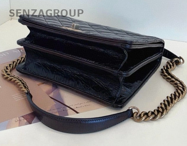Chanel Quilted Leather Top Handle Shoulder Crossbody Bag Black Gold Women