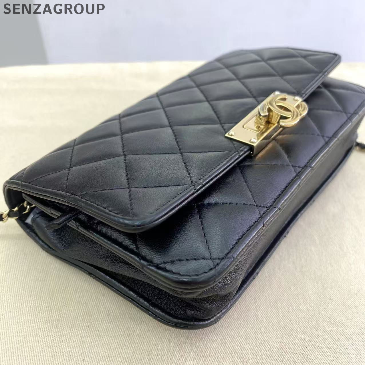 Chanel Black Lambskin Gold CC Logo WOC Chain Shoulder Crossbody Bag