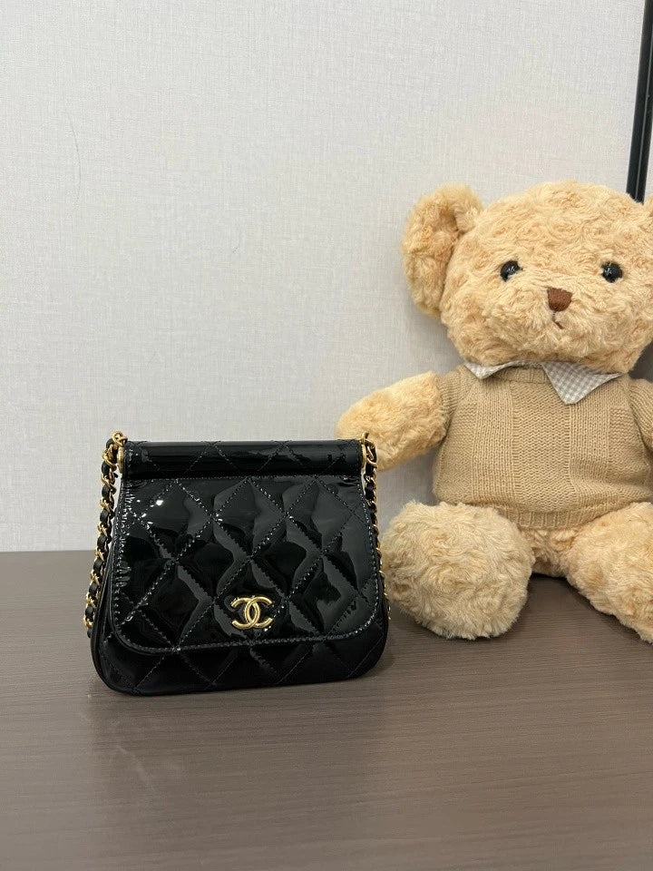 CHANEL Black Gold Patent Leather Mini Crossbody Bag For Women