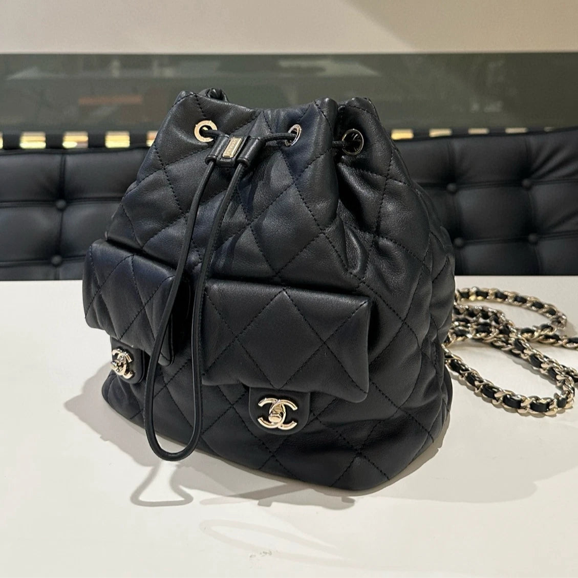 Chanel Quilted Chain Backpack Black Gold Classic Women's Bag