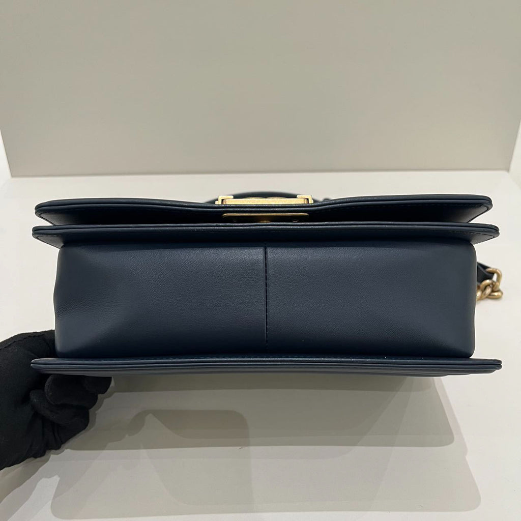 Chanel Le Boy Medium Chevron Blue Gold Chain Shoulder Crossbody Bag