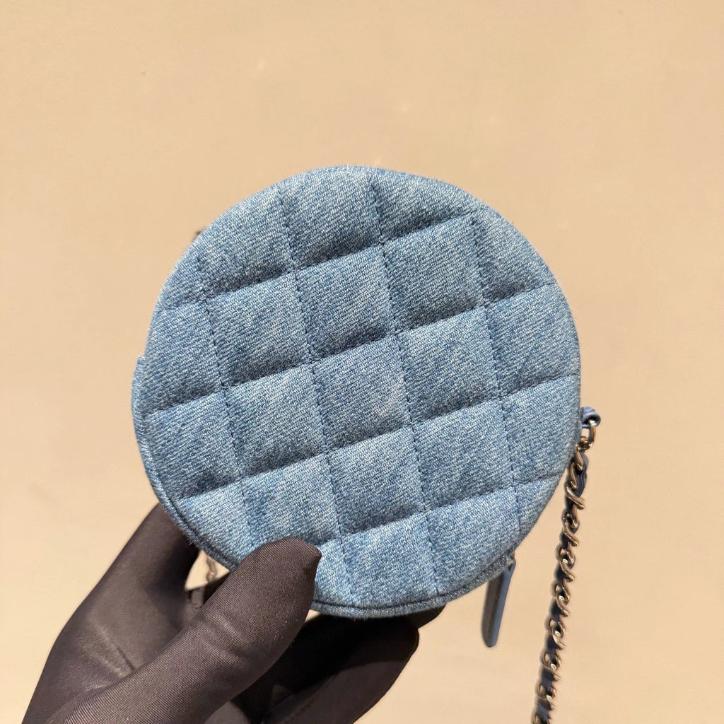 Chanel Denim Round Bag Chain Crossbody Blue Gold Diamond Women Classic