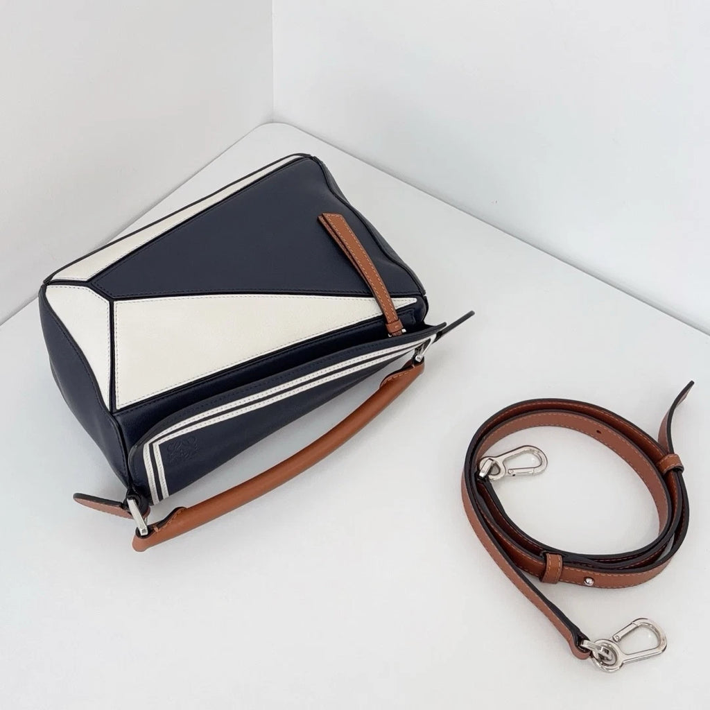 Authentic Loewe Puzzle MM Navy Top Handle Bag Crossbody Silver Hardware