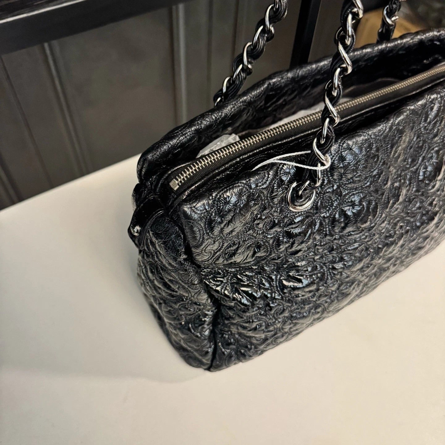 Chanel Tote Chain Shoulder Bag Black Silver Used Women Classic