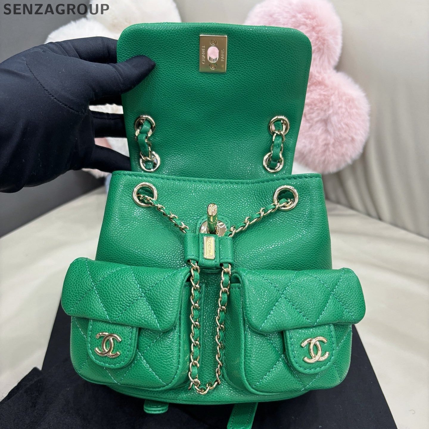 Chanel Duma PM Calfskin Chain Backpack Green Gold Diamond Women Classic