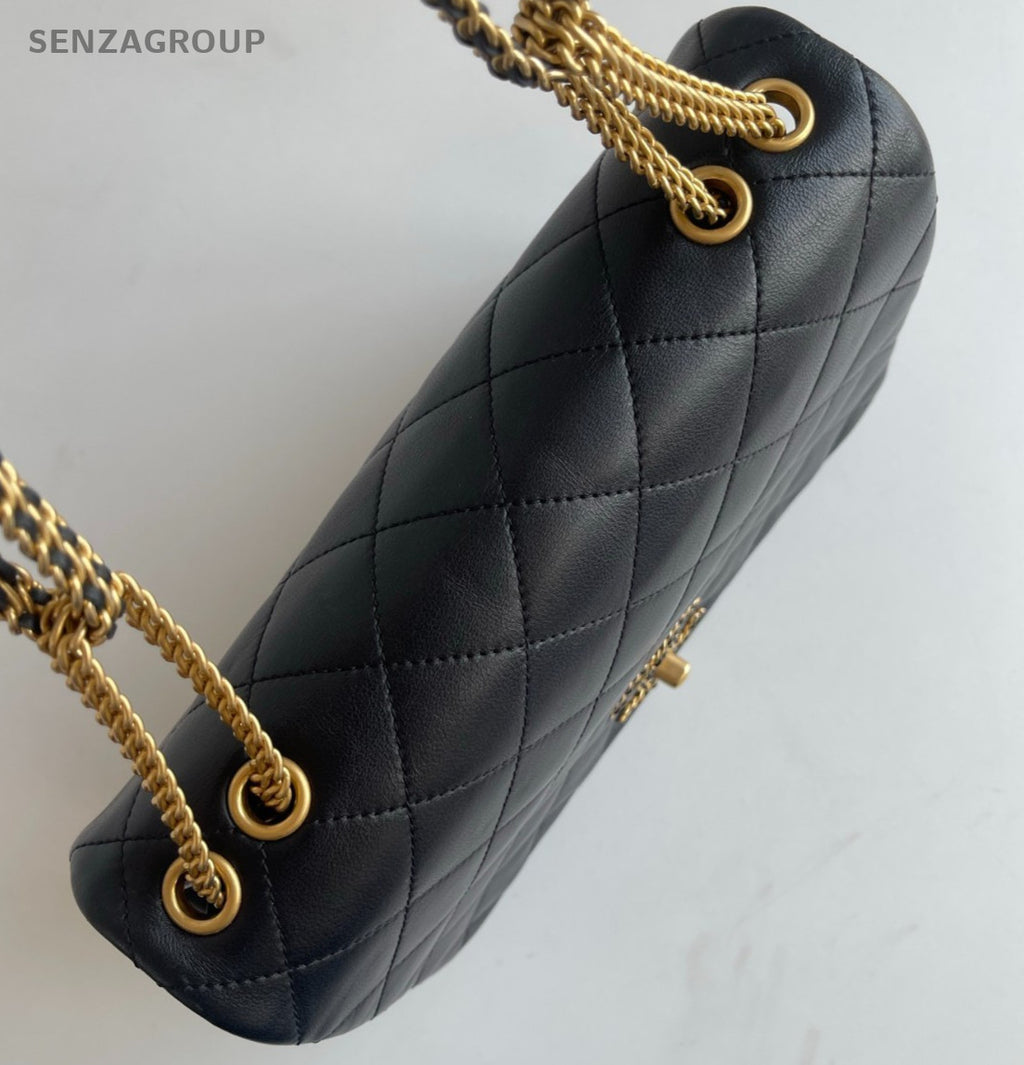 Chanel 22A Diamond Calfskin Chain Shoulder Bag Black Gold Women Classic