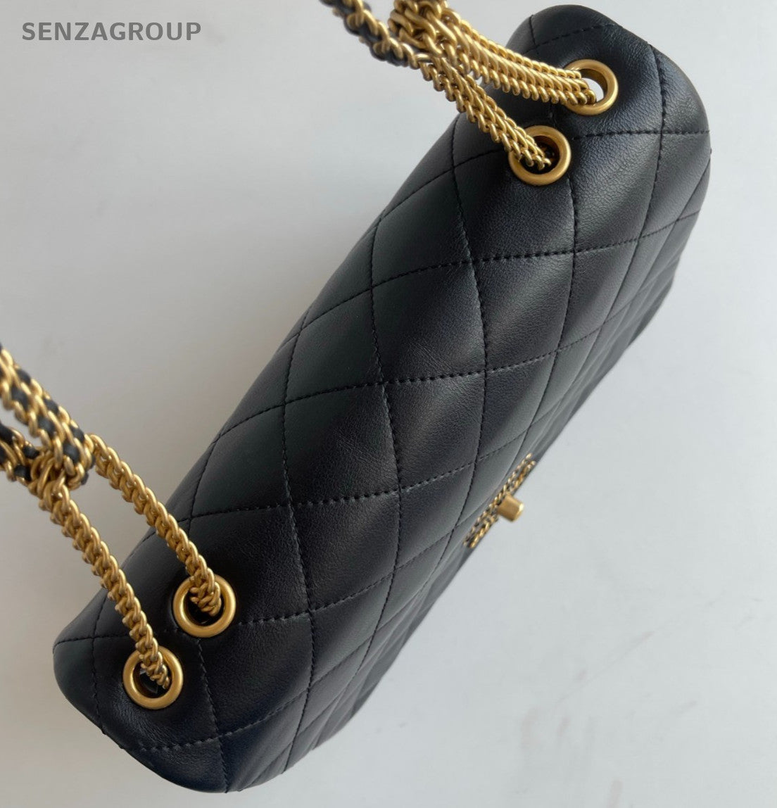 Chanel 22A Diamond Calfskin Chain Shoulder Bag Black Gold Women Classic
