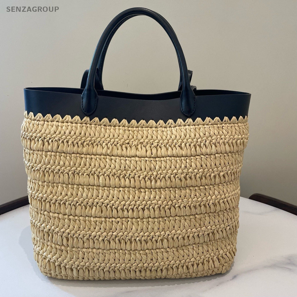 Prada Raffia Tote Top Handle Bag Beige Black Used Women Classic Fashion