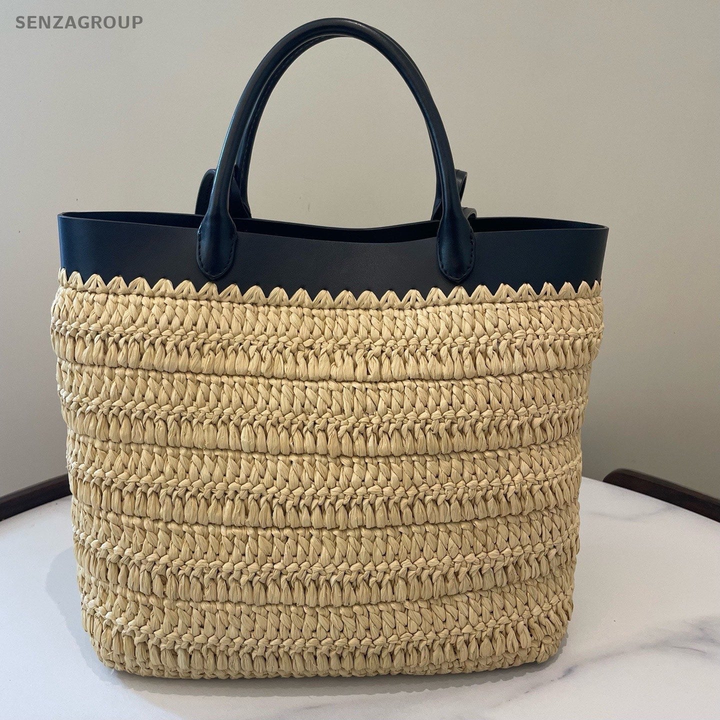 Prada Raffia Tote Top Handle Bag Beige Black Used Women Classic Fashion