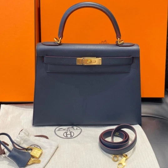 Hermes Kelly 28 Epsom Tote Top Handle Crossbody Bag Navy Gold Women D