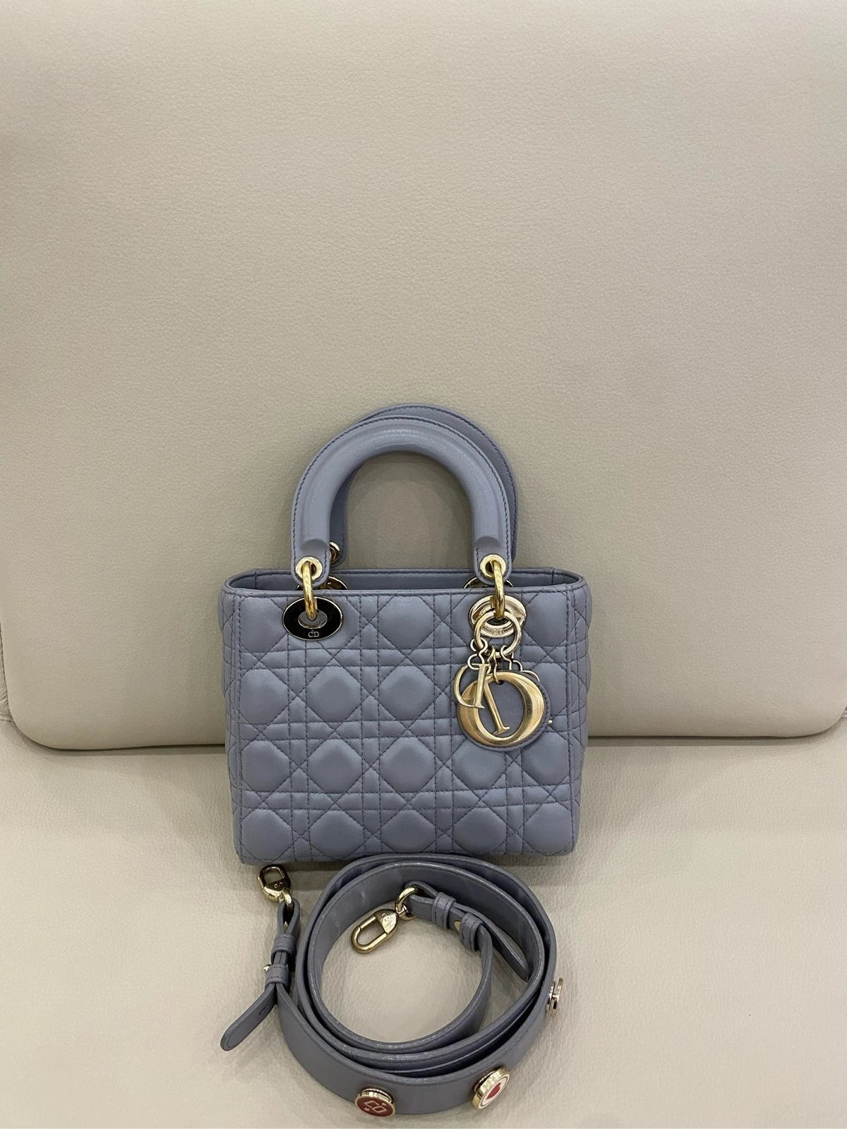 Dior Lady Dior Lambskin Gray Shoulder Bag Top Handle Excellent