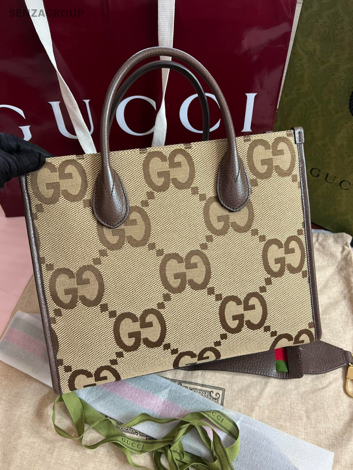 GUCCI GG Logo Tote Top Handle Canvas Shoulder Handbag Brown Classic