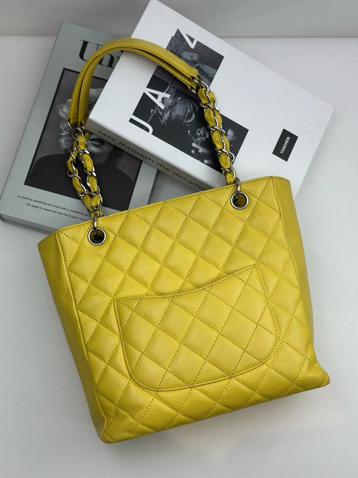 Authentic Chanel GST PM Silver Hardware Chain Yellow Tote Shoulder Bag Diamond