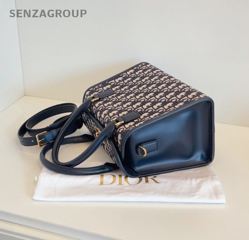 Christian Dior Boston Monogram Top Handle 2way Shoulder Handbag Blue Gold Women