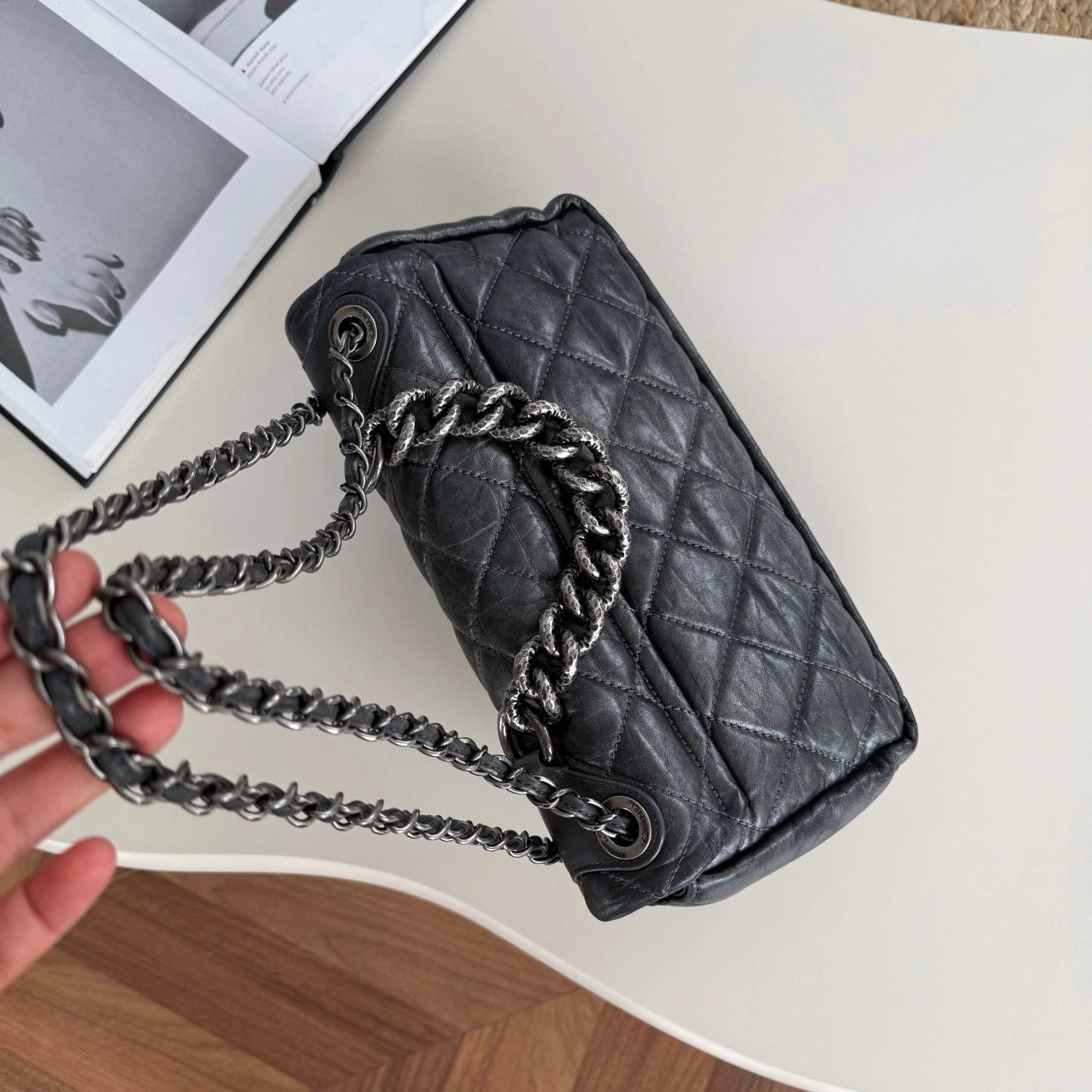 Chanel Calfskin Diamond Silver Chain Shoulder Bag Crossbody Gray