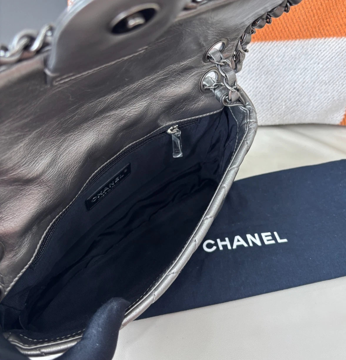 Chanel Classic Flap Calfskin Chain Shoulder Bag Silver Women