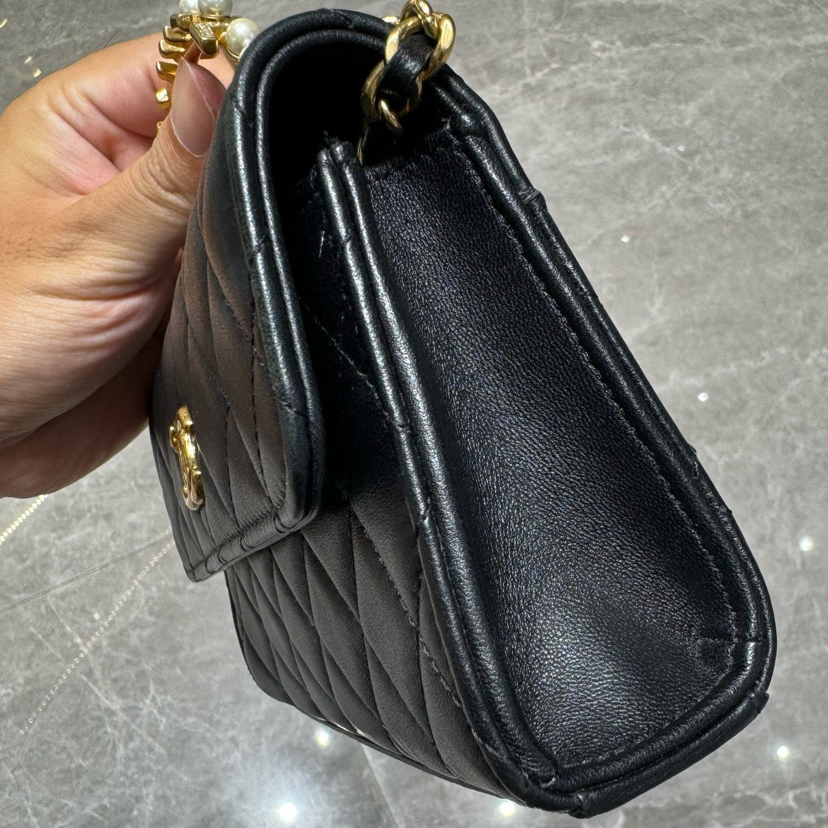 Chanel Quilted Black Gold Pearl Handle Kelly Bag for Women