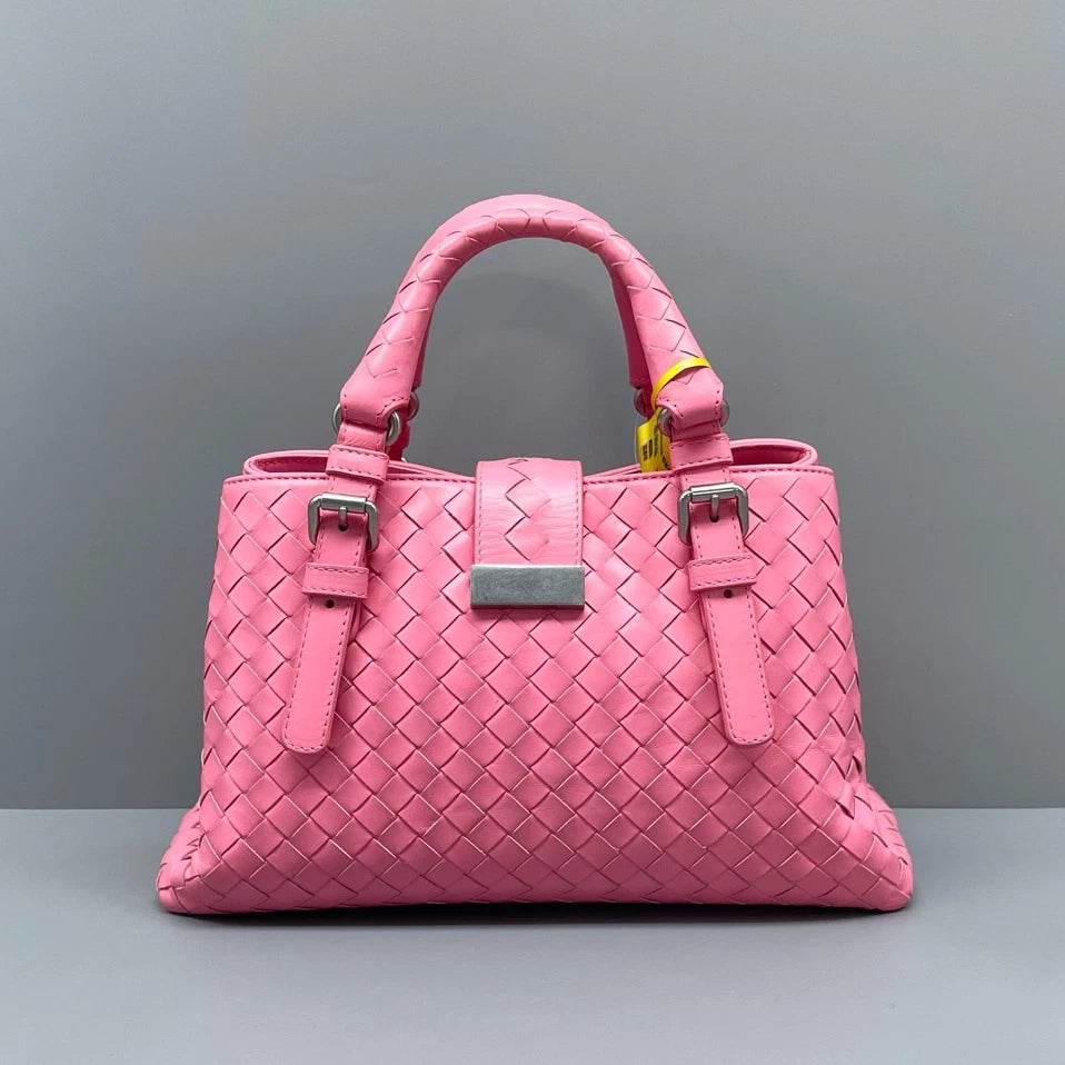Bottega Veneta Intrecciato PM Top Handle Bag Crossbody Pink Silver Women