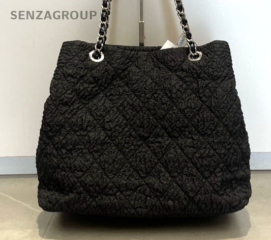 Chanel Nylon Tote Chain Shoulder Bag Diamond Black Silver Used Women Classic