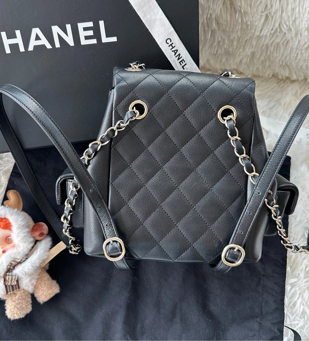 CHANEL Large Black Gold Grained Leather Backpack For Women