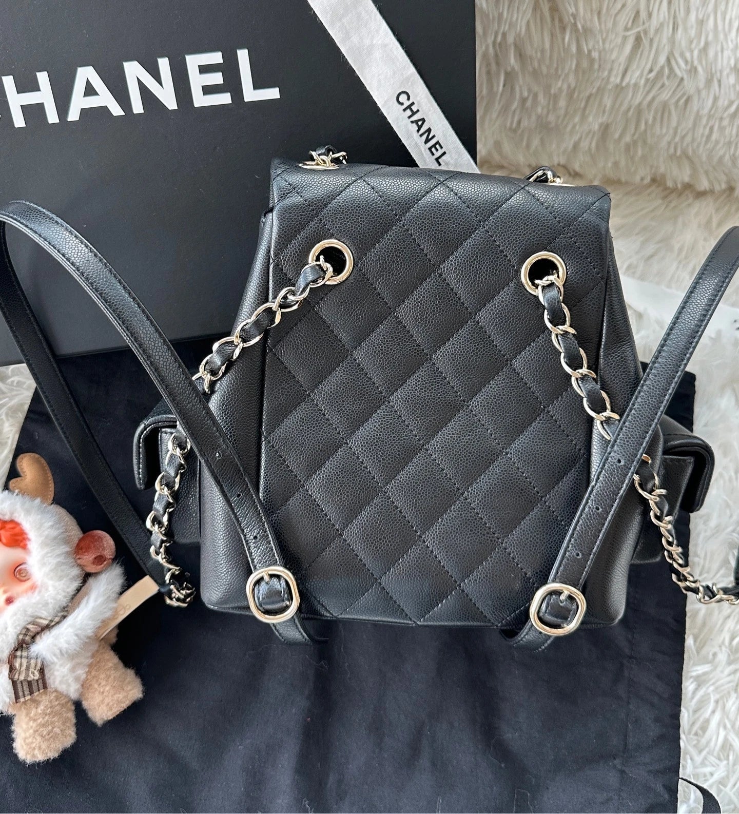 CHANEL Large Black Gold Grained Leather Backpack For Women