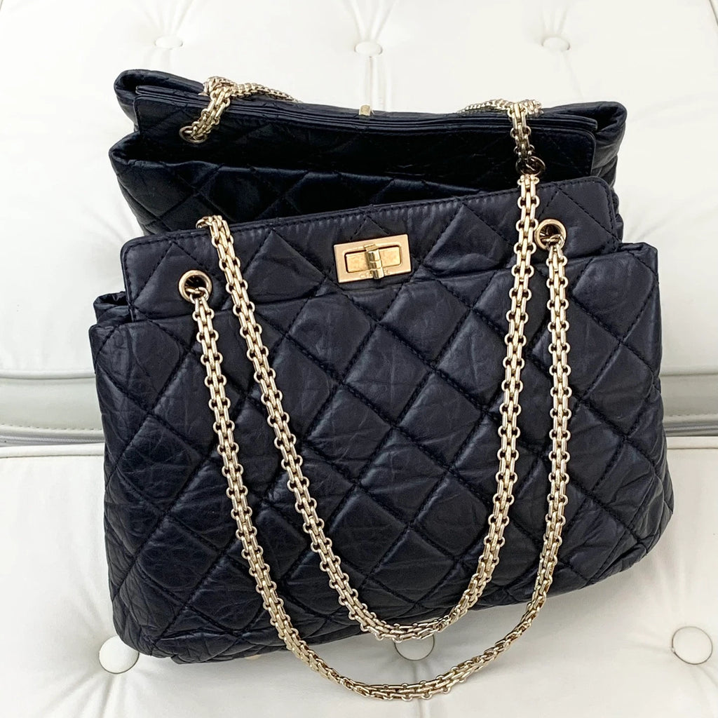 Authentic Chanel Calfskin Tote Chain Shoulder Bag Black Gold Hardware