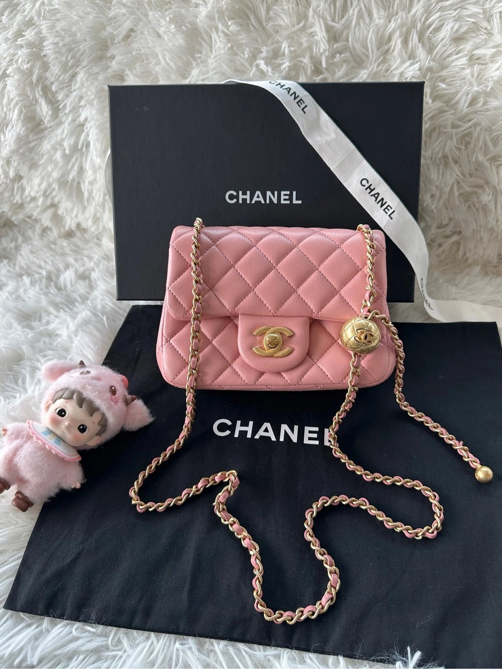 CHANEL Mini Pink Lambskin Gold Ball Crossbody Shoulder Bag Women