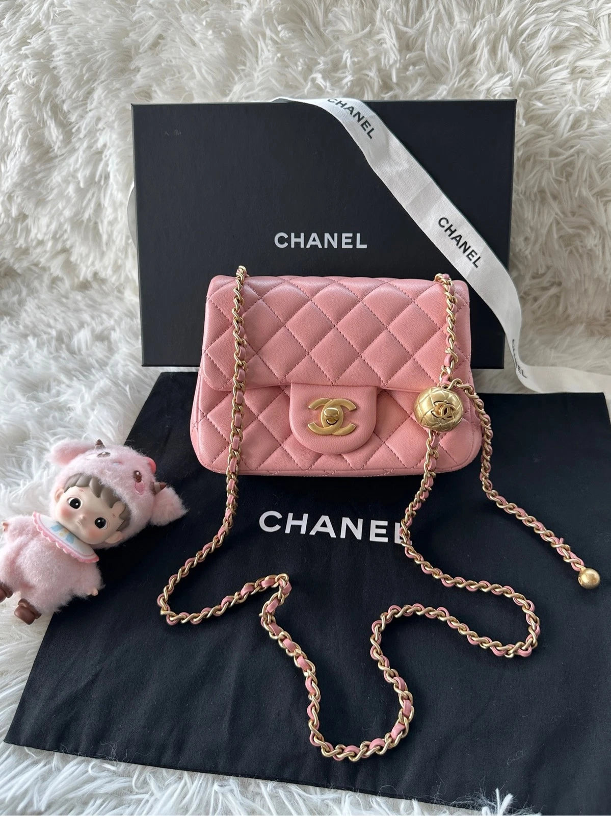 CHANEL Mini Pink Lambskin Gold Ball Crossbody Shoulder Bag Women